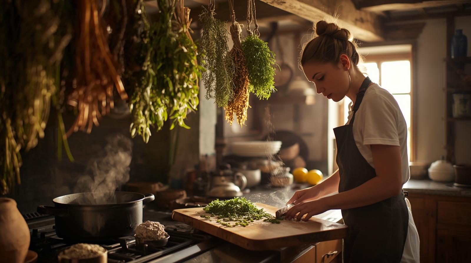 A woman in a rustic kitchen with various herbs hanging in bunches is cooking